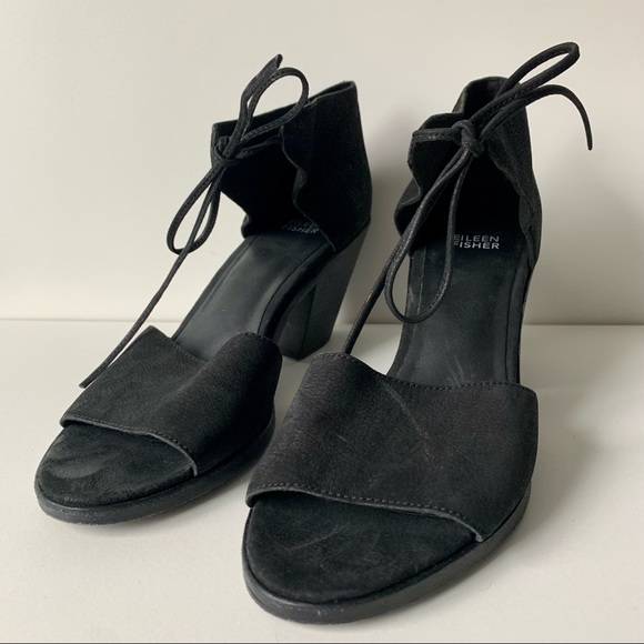 EILEEN FISHER Ann Ankle Tie Sandal black leather stacked block heel 9 1/2 - Picture 2 of 11